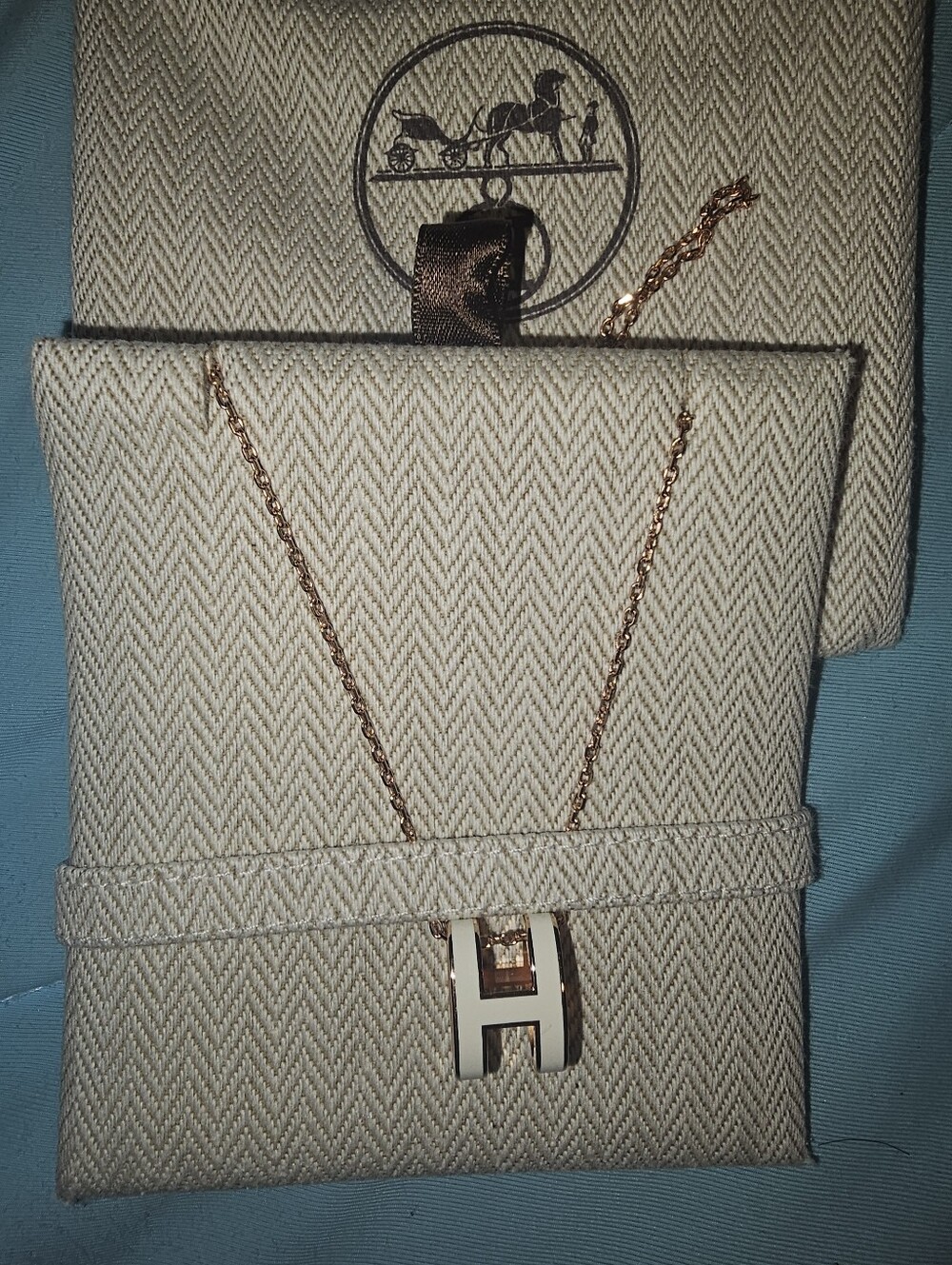 Hermes Rose Gold H Pendant Necklace with Beige Case